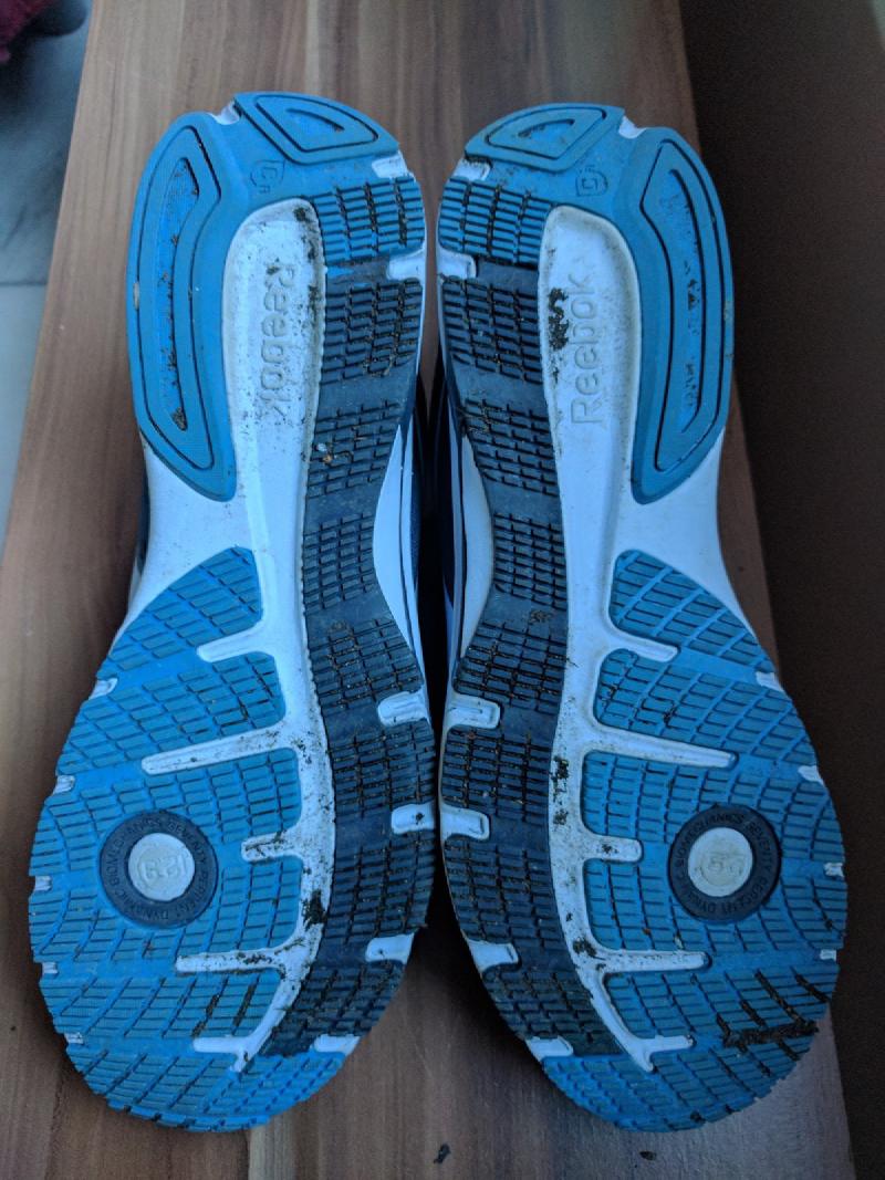 Top view of Matt's new travel shoes after trying them outside